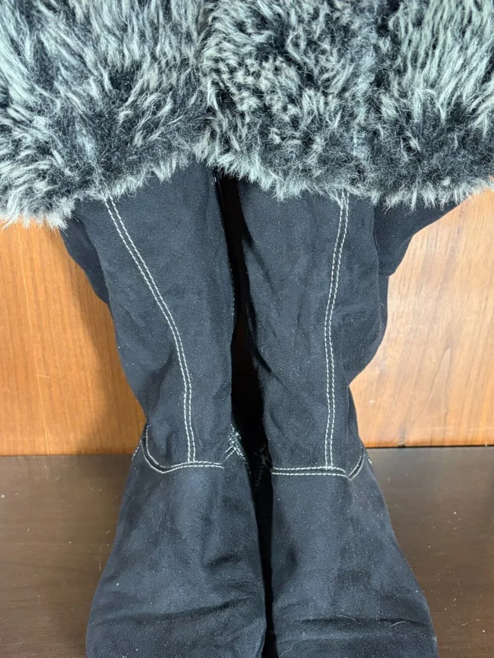 Natural Soul Fabiano Boots Womens Sz 8 Black Suede w/ Faux Fur Liner Mid Calf